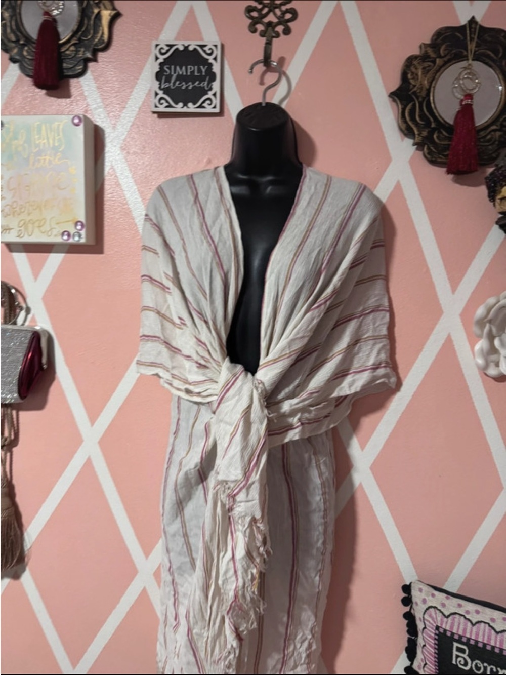 Elan Cream Wrap with Pink and Tan Stripes and Front Tie